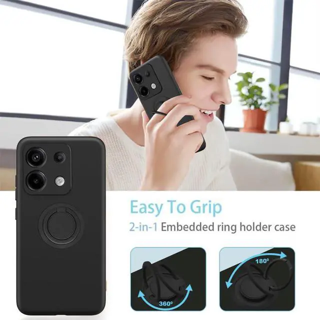 Alt view image 5 of 7 - _Mega Brand Cellular Phone Case for Xiaomi Redmi Note 13 Pro, 360° Rotatable Ring Holder Kickstand/Stand Silicone TPU Shockproof Protective Cover Case with Glass Screen Protector - Black