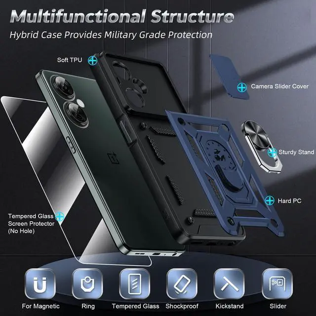 Alt view image 2 of 7 - _Mega Brand  OnePlus Nord-N30 5G Case: with Slide Camera Cover Screen Protector, Military-Grade Shockproof Protective Magnetic Ring Stand One Plus Nord N30 5G Cell Unlocked Phone Covers Funda fara,