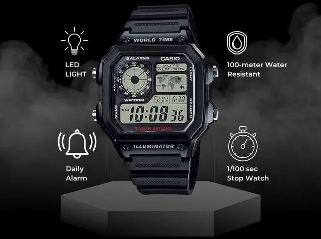 Alt view image 2 of 4 - _Mega Brand Men's Classic Japanese-Quartz Watch with Resin Strap, Black, 21 (Model: AE1200WH-1A)