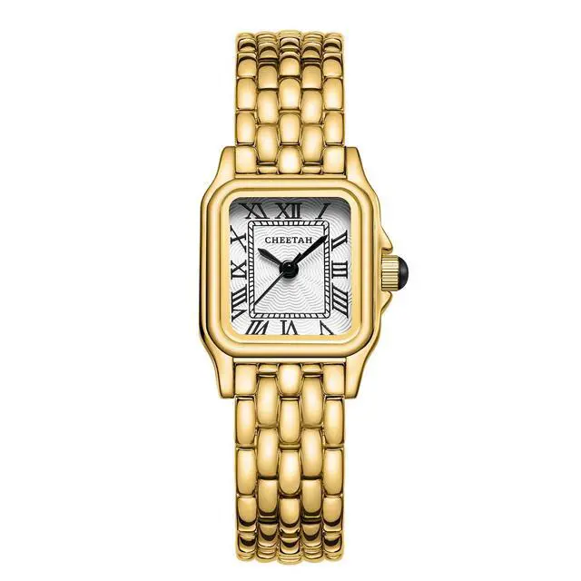 Main image of Watches for Women with Small Vintage Bracelet, Gold White Face, Rectangular Case, Roman Dial