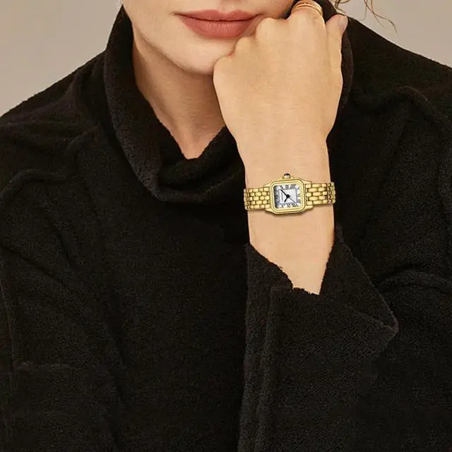 Alt view image 6 of 7 - Watches for Women with Small Vintage Bracelet, Gold White Face, Rectangular Case, Roman Dial