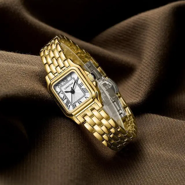 Alt view image 4 of 7 - Watches for Women with Small Vintage Bracelet, Gold White Face, Rectangular Case, Roman Dial