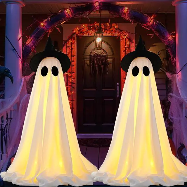 Alt view image 3 of 7 - _Mega Brand 2Packs Halloween Decorations Outdoor, Cute Halloween Decorations Indoor, Spooky Ghost Halloween Decor with Witch Hat, Scary Ghosts Decor with LED Lights for Front Porche Yard Garden Home