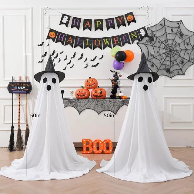 Alt view image 4 of 7 - _Mega Brand 2Packs Halloween Decorations Outdoor, Cute Halloween Decorations Indoor, Spooky Ghost Halloween Decor with Witch Hat, Scary Ghosts Decor with LED Lights for Front Porche Yard Garden Home