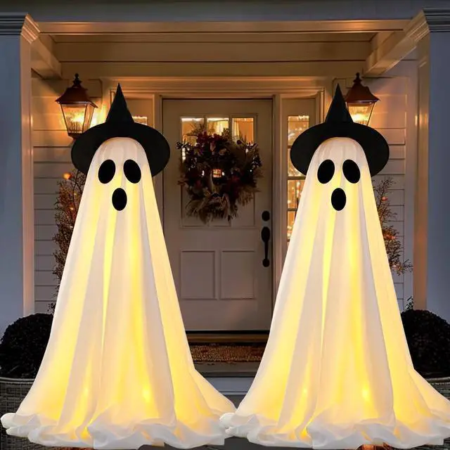 Alt view image 5 of 7 - _Mega Brand 2Packs Halloween Decorations Outdoor, Cute Halloween Decorations Indoor, Spooky Ghost Halloween Decor with Witch Hat, Scary Ghosts Decor with LED Lights for Front Porche Yard Garden Home