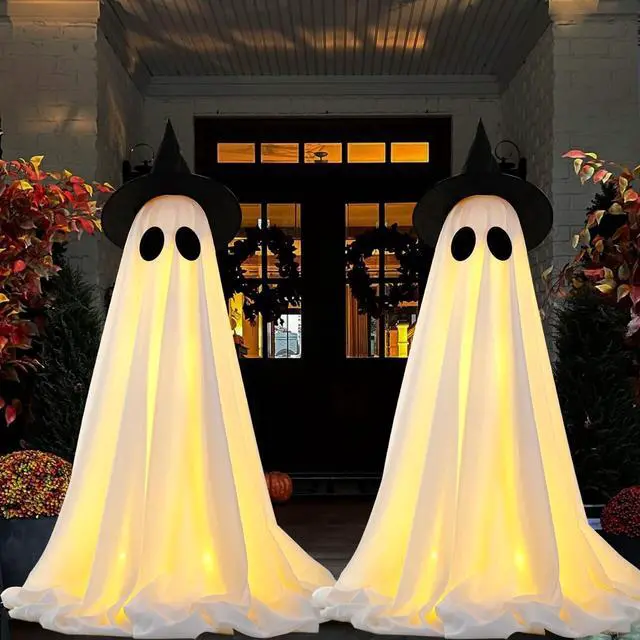 Alt view image 6 of 7 - _Mega Brand 2Packs Halloween Decorations Outdoor, Cute Halloween Decorations Indoor, Spooky Ghost Halloween Decor with Witch Hat, Scary Ghosts Decor with LED Lights for Front Porche Yard Garden Home