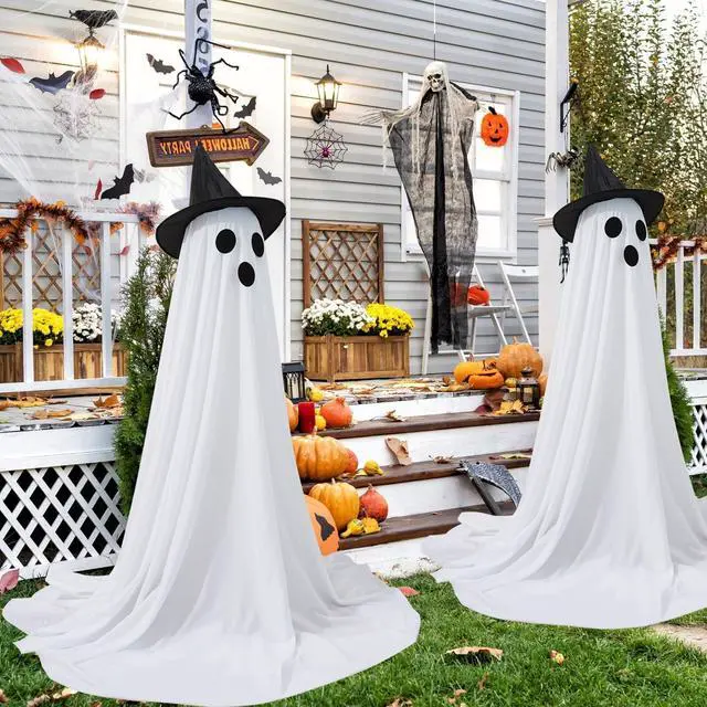 Alt view image 7 of 7 - _Mega Brand 2Packs Halloween Decorations Outdoor, Cute Halloween Decorations Indoor, Spooky Ghost Halloween Decor with Witch Hat, Scary Ghosts Decor with LED Lights for Front Porche Yard Garden Home