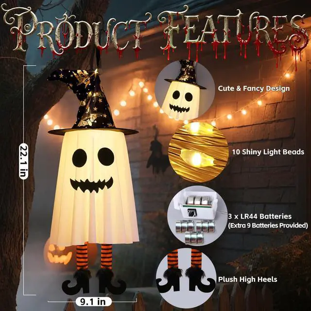 Alt view image 2 of 7 - _Mega Brand 3 Packs Halloween Hanging Ghosts Decorations Outdoor Indoor, Spooky Glowing Ghost Witch Hat Striped Stockings High Heels String Lights 3 Modes Patio Yard Front Porch Tree Party