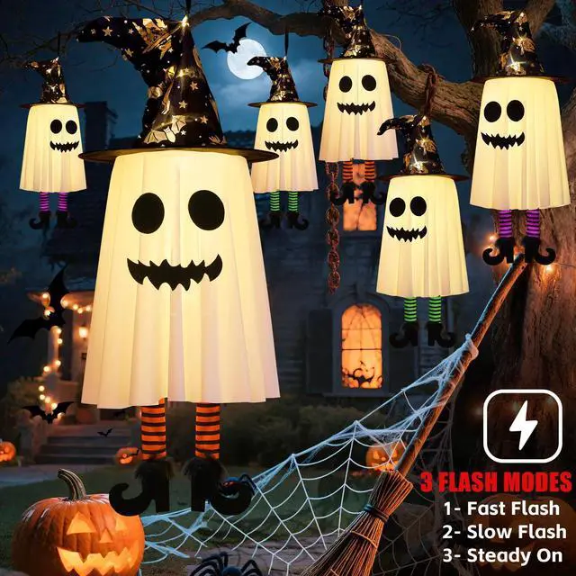 Alt view image 3 of 7 - _Mega Brand 3 Packs Halloween Hanging Ghosts Decorations Outdoor Indoor, Spooky Glowing Ghost Witch Hat Striped Stockings High Heels String Lights 3 Modes Patio Yard Front Porch Tree Party