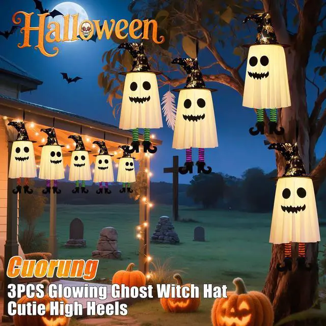 Alt view image 4 of 7 - _Mega Brand 3 Packs Halloween Hanging Ghosts Decorations Outdoor Indoor, Spooky Glowing Ghost Witch Hat Striped Stockings High Heels String Lights 3 Modes Patio Yard Front Porch Tree Party