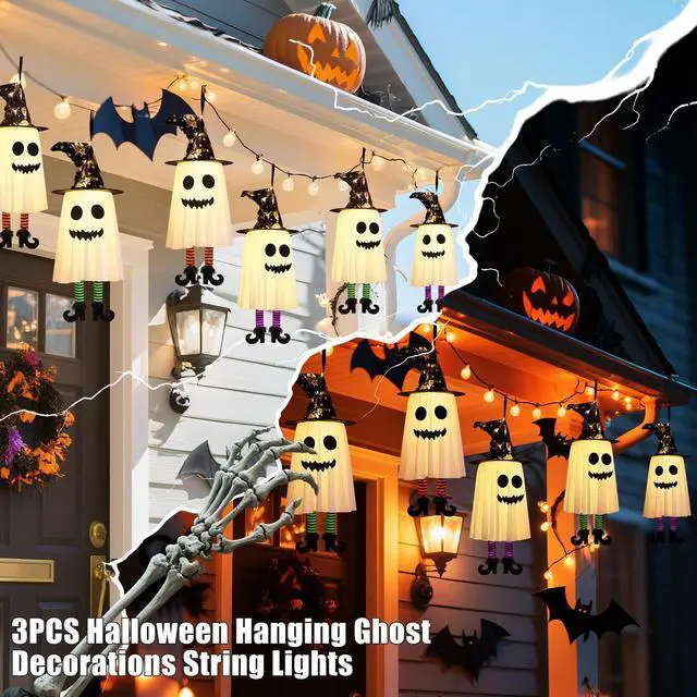 Alt view image 5 of 7 - _Mega Brand 3 Packs Halloween Hanging Ghosts Decorations Outdoor Indoor, Spooky Glowing Ghost Witch Hat Striped Stockings High Heels String Lights 3 Modes Patio Yard Front Porch Tree Party