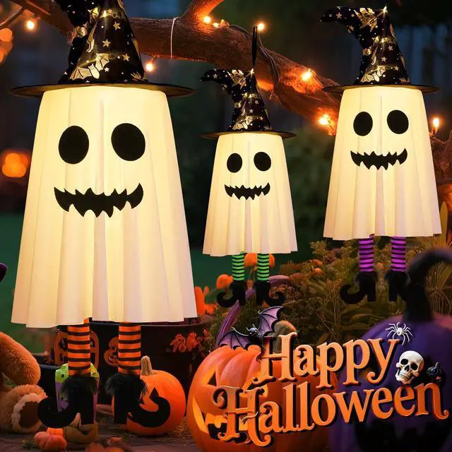 Alt view image 7 of 7 - _Mega Brand 3 Packs Halloween Hanging Ghosts Decorations Outdoor Indoor, Spooky Glowing Ghost Witch Hat Striped Stockings High Heels String Lights 3 Modes Patio Yard Front Porch Tree Party