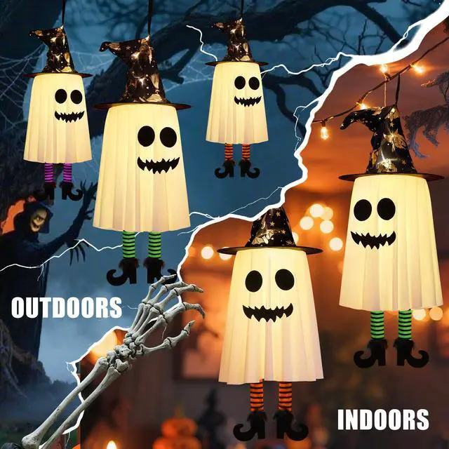 Alt view image 6 of 7 - _Mega Brand 3 Packs Halloween Hanging Ghosts Decorations Outdoor Indoor, Spooky Glowing Ghost Witch Hat Striped Stockings High Heels String Lights 3 Modes Patio Yard Front Porch Tree Party