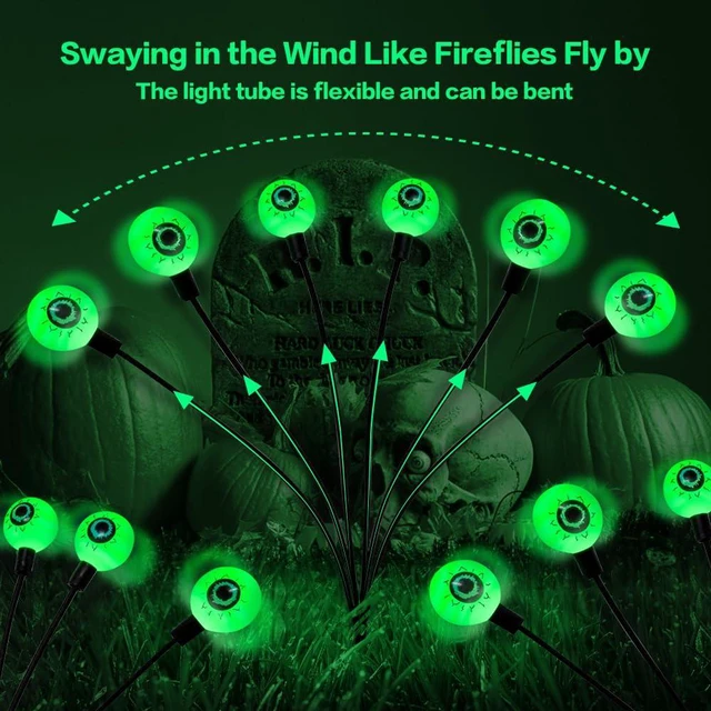 Alt view image 2 of 7 - Halloween Decorations Outdoor Solar Scary Eyeball Lights,2PACKS 12LED Green Eyeball Swaying Firefly Lights,Waterproof Solar Halloween Path Lights for Yard/Garden/Lawn/Party Decor