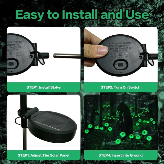 Alt view image 7 of 7 - Halloween Decorations Outdoor Solar Scary Eyeball Lights,2PACKS 12LED Green Eyeball Swaying Firefly Lights,Waterproof Solar Halloween Path Lights for Yard/Garden/Lawn/Party Decor