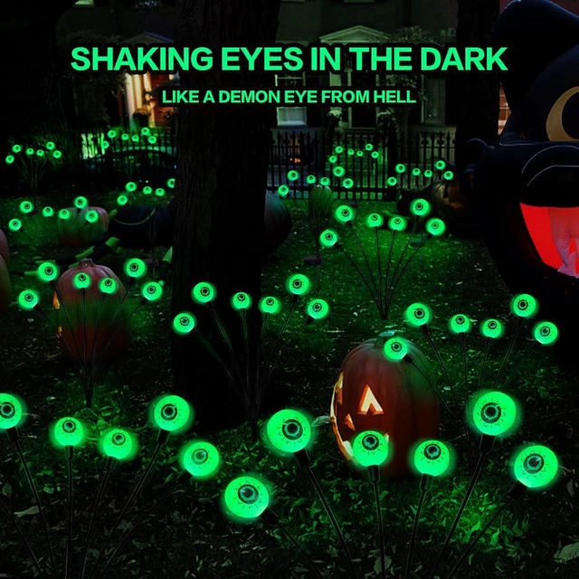 Alt view image 3 of 7 - Halloween Decorations Outdoor Solar Scary Eyeball Lights,2PACKS 12LED Green Eyeball Swaying Firefly Lights,Waterproof Solar Halloween Path Lights for Yard/Garden/Lawn/Party Decor