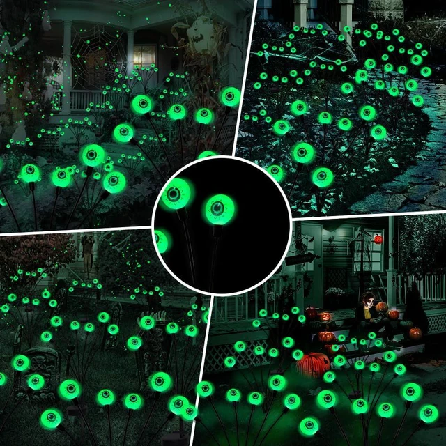 Alt view image 4 of 7 - Halloween Decorations Outdoor Solar Scary Eyeball Lights,2PACKS 12LED Green Eyeball Swaying Firefly Lights,Waterproof Solar Halloween Path Lights for Yard/Garden/Lawn/Party Decor