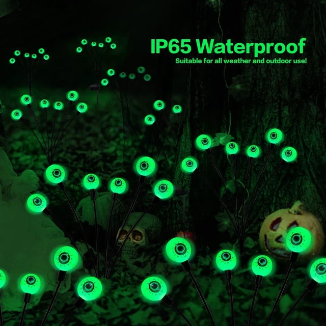 Alt view image 5 of 7 - Halloween Decorations Outdoor Solar Scary Eyeball Lights,2PACKS 12LED Green Eyeball Swaying Firefly Lights,Waterproof Solar Halloween Path Lights for Yard/Garden/Lawn/Party Decor