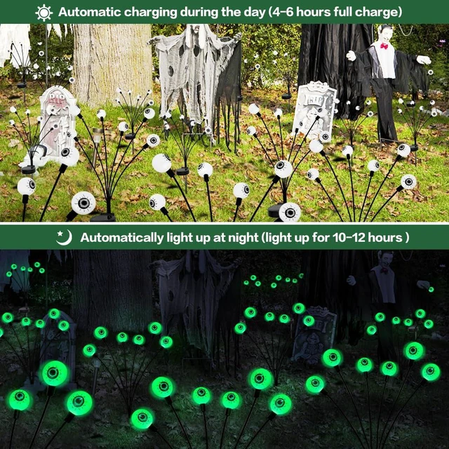Alt view image 6 of 7 - Halloween Decorations Outdoor Solar Scary Eyeball Lights,2PACKS 12LED Green Eyeball Swaying Firefly Lights,Waterproof Solar Halloween Path Lights for Yard/Garden/Lawn/Party Decor