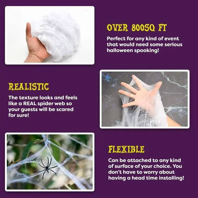 Alt view image 5 of 7 - _Mega Brand 200 sq. Ft Fake Spider Webs Decorations - Spiderweb Webbing Halloween Cobwebs Decor - Scary Halloween Decor Indoor Outdoor Party Wall, Graveyard Decoration Props - 4 Fake Spiders Included
