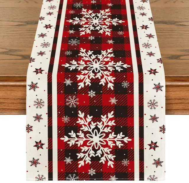 Main image of _Mega Brand  Buffalo Plaid Snowflakes Christmas Table Runner, Seasonal Winter Kitchen Dining Table Decoration for Home Party Decor 13x72 Inch