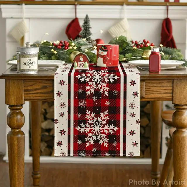 Alt view image 7 of 7 - _Mega Brand  Buffalo Plaid Snowflakes Christmas Table Runner, Seasonal Winter Kitchen Dining Table Decoration for Home Party Decor 13x72 Inch
