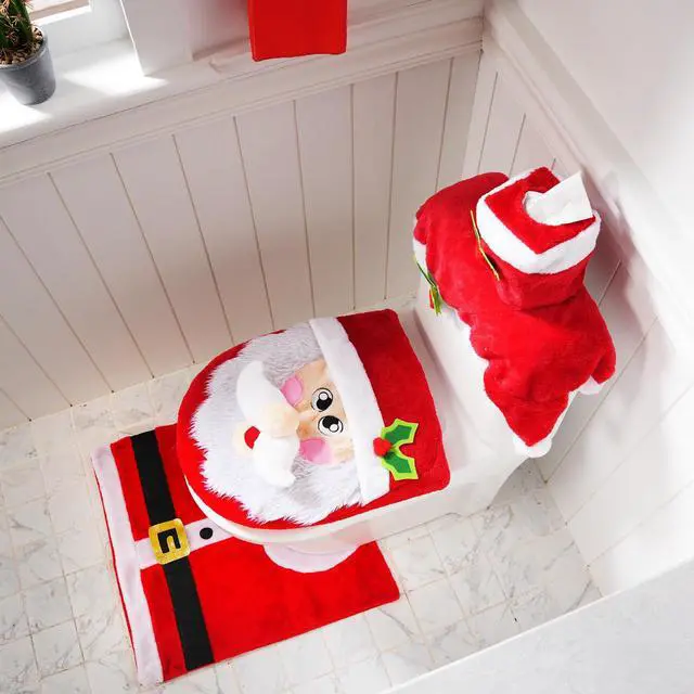 Alt view image 2 of 7 - _Mega Brand 5 Pieces Christmas Theme Bathroom Decoration Set w/Toilet Seat Cover, Rugs, Tank Cover, Toilet Paper Box Cover and Santa Towel for Xmas Indoor Décor, Party Favors (Santa)