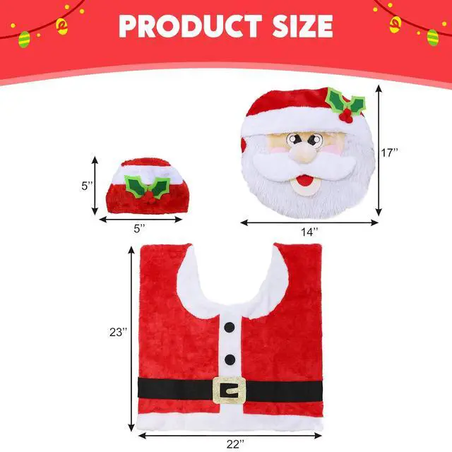 Alt view image 3 of 7 - _Mega Brand 5 Pieces Christmas Theme Bathroom Decoration Set w/Toilet Seat Cover, Rugs, Tank Cover, Toilet Paper Box Cover and Santa Towel for Xmas Indoor Décor, Party Favors (Santa)