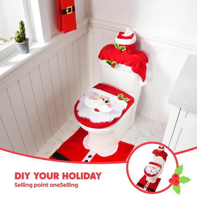Alt view image 4 of 7 - _Mega Brand 5 Pieces Christmas Theme Bathroom Decoration Set w/Toilet Seat Cover, Rugs, Tank Cover, Toilet Paper Box Cover and Santa Towel for Xmas Indoor Décor, Party Favors (Santa)
