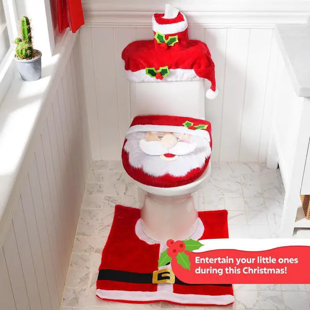 Alt view image 6 of 7 - _Mega Brand 5 Pieces Christmas Theme Bathroom Decoration Set w/Toilet Seat Cover, Rugs, Tank Cover, Toilet Paper Box Cover and Santa Towel for Xmas Indoor Décor, Party Favors (Santa)