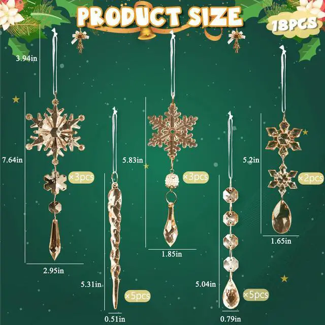 Alt view image 2 of 7 - _Mega Brand 18pcs Crystal Christmas Ornaments for Christmas Tree Decorations-Champagne Hanging Acrylic Snowflake and Icicle Ornaments with Drop Pendants for New Year Party Decorations Supplies