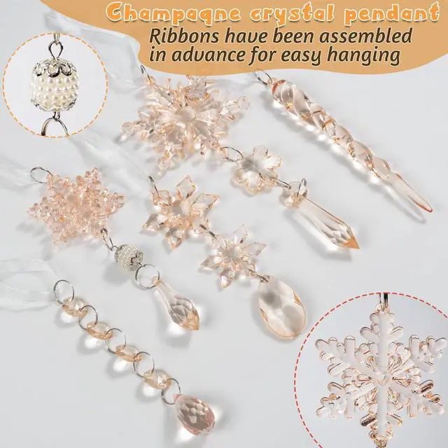 Alt view image 3 of 7 - _Mega Brand 18pcs Crystal Christmas Ornaments for Christmas Tree Decorations-Champagne Hanging Acrylic Snowflake and Icicle Ornaments with Drop Pendants for New Year Party Decorations Supplies