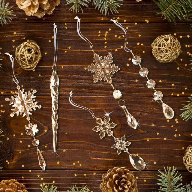 Alt view image 6 of 7 - _Mega Brand 18pcs Crystal Christmas Ornaments for Christmas Tree Decorations-Champagne Hanging Acrylic Snowflake and Icicle Ornaments with Drop Pendants for New Year Party Decorations Supplies