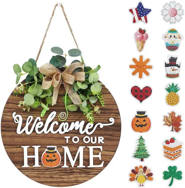 Main image of _Mega Brand Seasonal Welcome Sign Front Door Decoration, Rustic Round Wood Wreaths Wall Hanging Outdoor, Farmhouse, Porch, for Spring Summer Fall All Seasons Holiday Halloween Christmas.