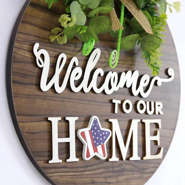 Alt view image 4 of 7 - _Mega Brand Seasonal Welcome Sign Front Door Decoration, Rustic Round Wood Wreaths Wall Hanging Outdoor, Farmhouse, Porch, for Spring Summer Fall All Seasons Holiday Halloween Christmas.