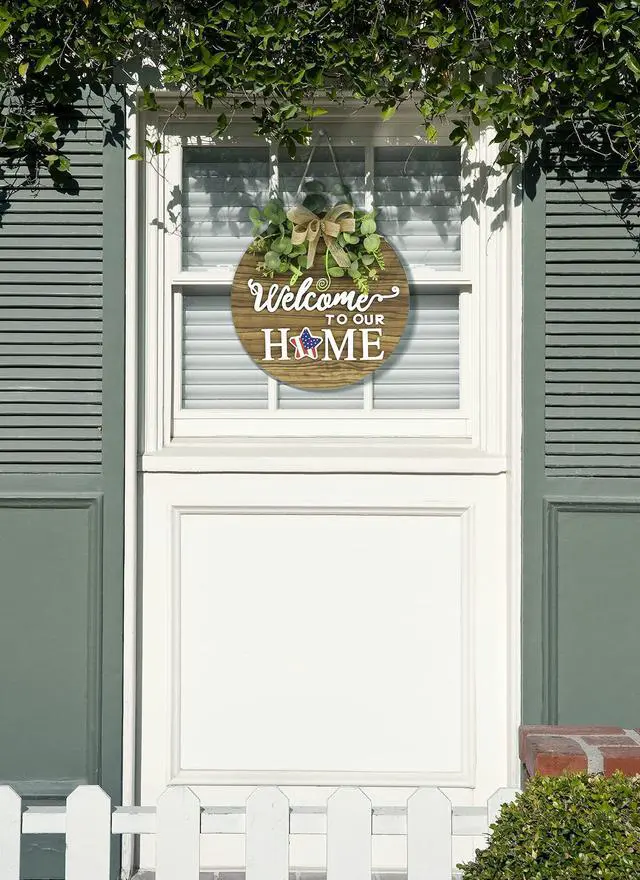 Alt view image 6 of 7 - _Mega Brand Seasonal Welcome Sign Front Door Decoration, Rustic Round Wood Wreaths Wall Hanging Outdoor, Farmhouse, Porch, for Spring Summer Fall All Seasons Holiday Halloween Christmas.