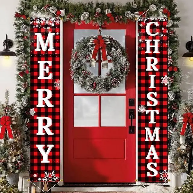 Main image of _Mega Brand  Decorations Outdoor Yard Front Porch Sign Set, Red Black Buffalo Plaid Door Banner, Hanging Merry Christmas Decorations for Home, Indoor Outdoor Xmas Decor Wall Front Door Yard Garage