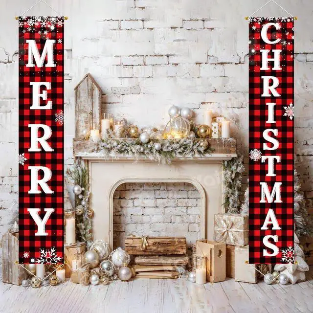 Alt view image 6 of 7 - _Mega Brand  Decorations Outdoor Yard Front Porch Sign Set, Red Black Buffalo Plaid Door Banner, Hanging Merry Christmas Decorations for Home, Indoor Outdoor Xmas Decor Wall Front Door Yard Garage