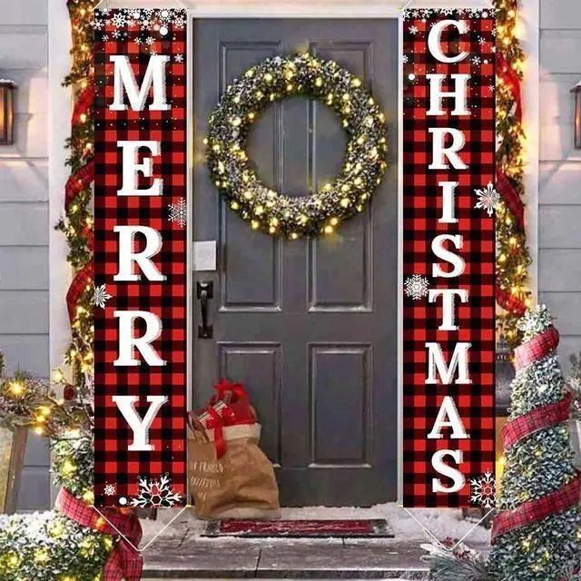 Alt view image 5 of 7 - _Mega Brand  Decorations Outdoor Yard Front Porch Sign Set, Red Black Buffalo Plaid Door Banner, Hanging Merry Christmas Decorations for Home, Indoor Outdoor Xmas Decor Wall Front Door Yard Garage
