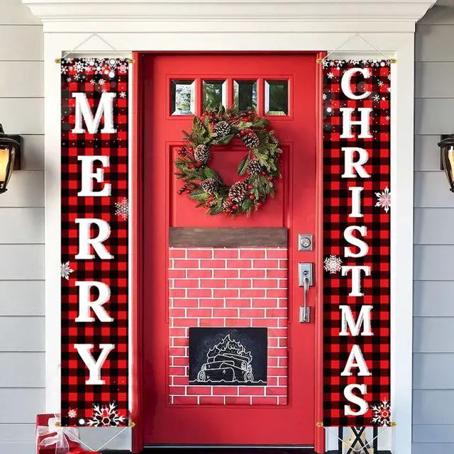 Alt view image 7 of 7 - _Mega Brand  Decorations Outdoor Yard Front Porch Sign Set, Red Black Buffalo Plaid Door Banner, Hanging Merry Christmas Decorations for Home, Indoor Outdoor Xmas Decor Wall Front Door Yard Garage
