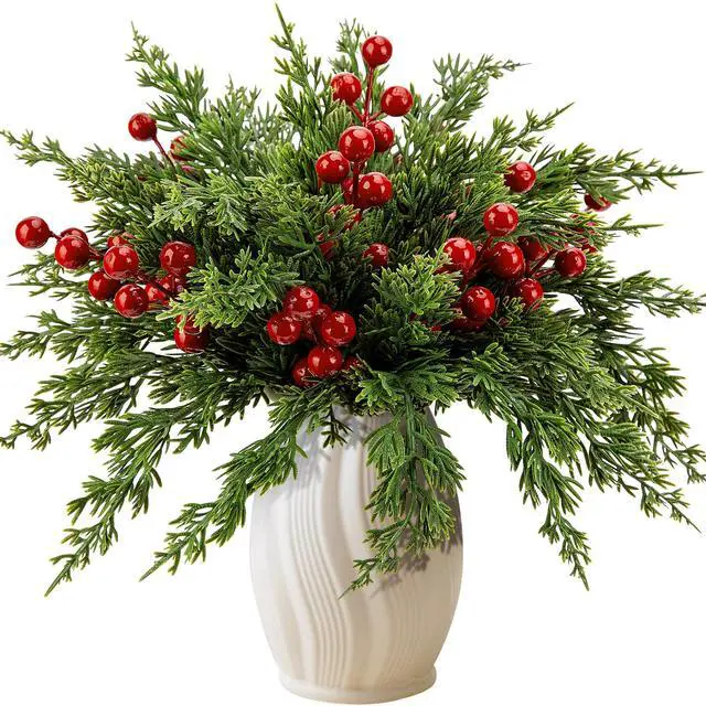 Main image of _Mega Brand 45 Pcs Christmas Artificial Pine Branches with Red Berry Stems, 10.5" Faux Evergreen Norfolk Pine Cypress Leaves Stems, Fake Foliage Pine Needles Picks for DIY Craft Garland Home Decor