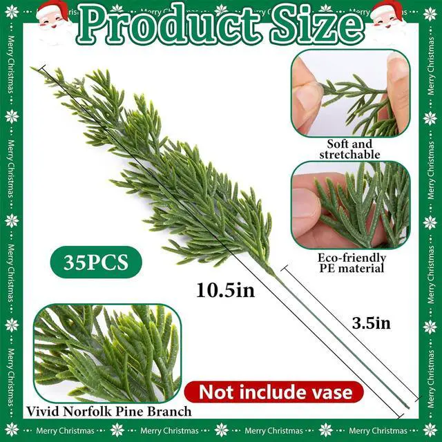 Alt view image 2 of 7 - _Mega Brand 45 Pcs Christmas Artificial Pine Branches with Red Berry Stems, 10.5" Faux Evergreen Norfolk Pine Cypress Leaves Stems, Fake Foliage Pine Needles Picks for DIY Craft Garland Home Decor