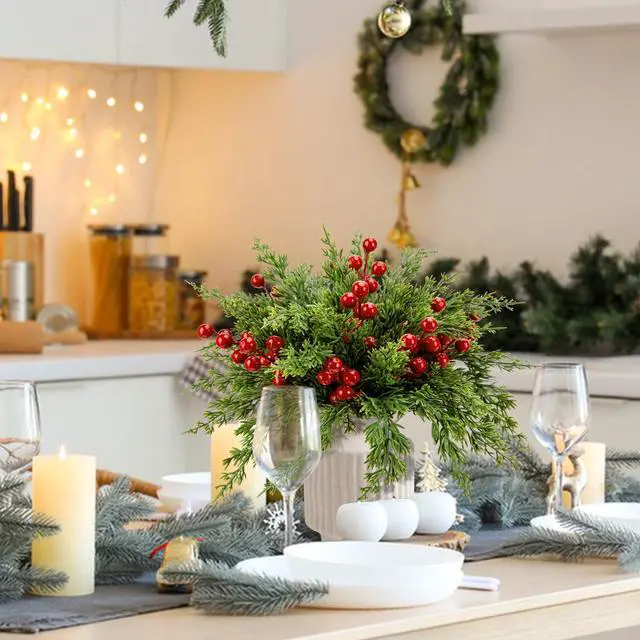 Alt view image 5 of 7 - _Mega Brand 45 Pcs Christmas Artificial Pine Branches with Red Berry Stems, 10.5" Faux Evergreen Norfolk Pine Cypress Leaves Stems, Fake Foliage Pine Needles Picks for DIY Craft Garland Home Decor