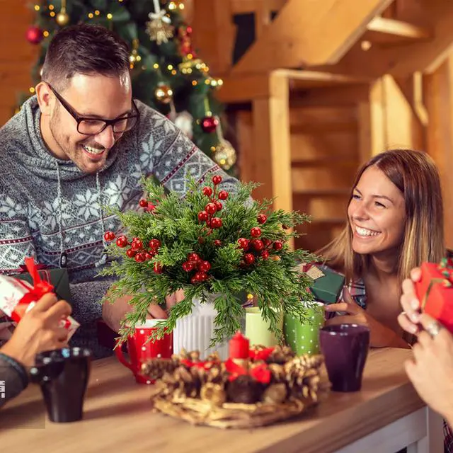 Alt view image 4 of 7 - _Mega Brand 45 Pcs Christmas Artificial Pine Branches with Red Berry Stems, 10.5" Faux Evergreen Norfolk Pine Cypress Leaves Stems, Fake Foliage Pine Needles Picks for DIY Craft Garland Home Decor