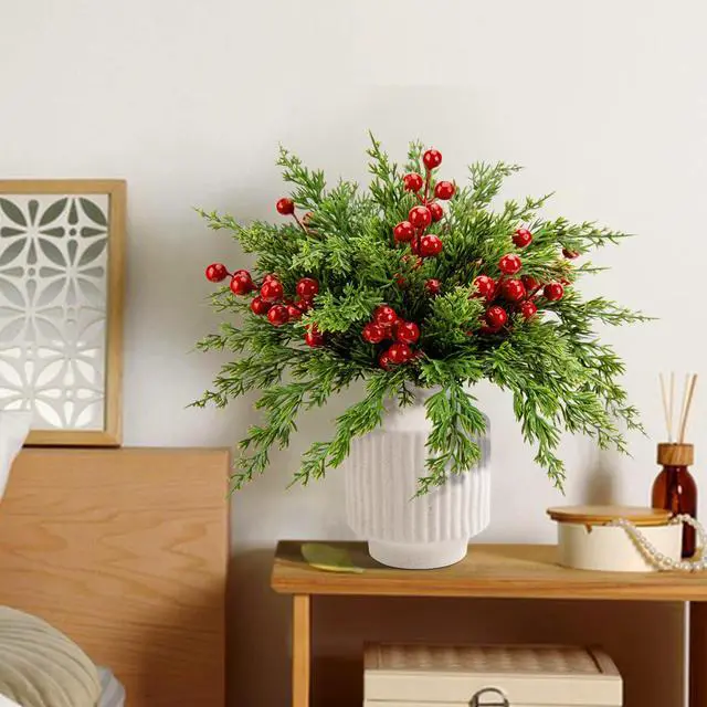 Alt view image 7 of 7 - _Mega Brand 45 Pcs Christmas Artificial Pine Branches with Red Berry Stems, 10.5" Faux Evergreen Norfolk Pine Cypress Leaves Stems, Fake Foliage Pine Needles Picks for DIY Craft Garland Home Decor
