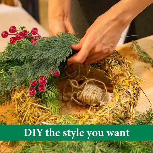 Alt view image 6 of 7 - _Mega Brand 45 Pcs Christmas Artificial Pine Branches with Red Berry Stems, 10.5" Faux Evergreen Norfolk Pine Cypress Leaves Stems, Fake Foliage Pine Needles Picks for DIY Craft Garland Home Decor