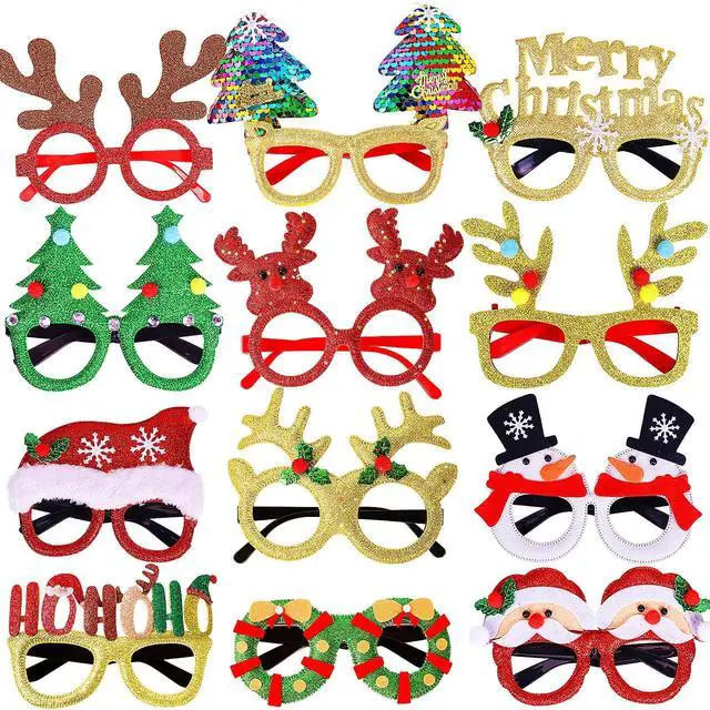 Main image of _Mega Brand  12Pcs Christmas Glasses Glitter Holiday Party Glasses Frames Christmas Decoration Accessories Costume Eyeglasses for Christmas Parties Holiday Favors (One Size Fits All)