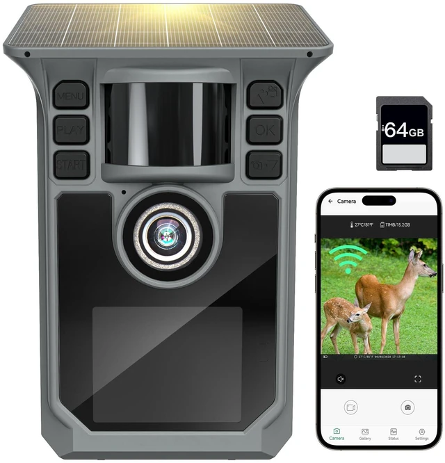 Main image of FRKTCAM Trail Camera 4K 64MP Solar Game Camera WiFi Bluetooth,0.1s Trigger Motion Activated6000mAh Battery, 64GB SD Card and Ip67 Waterproof Trail Cam, 130° Wide Angle for Deer & Farm Security