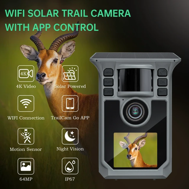Alt view image 2 of 7 - FRKTCAM Trail Camera 4K 64MP Solar Game Camera WiFi Bluetooth,0.1s Trigger Motion Activated6000mAh Battery, 64GB SD Card and Ip67 Waterproof Trail Cam, 130° Wide Angle for Deer & Farm Security