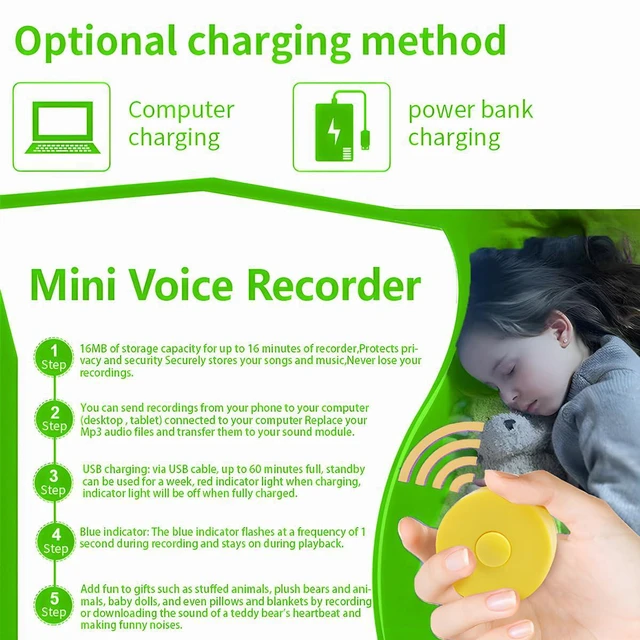 Alt view image 7 of 7 - 16 Minutes Voice Recorder, Record Custom Message for Crafts, Stuffed Bear, Baby Doll, and Pillow (2Pack + Yellow)
